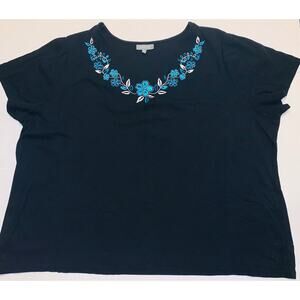 4X Black w Blue White Embroidery Sequined Neckline Knit Top T-shirt Essentials